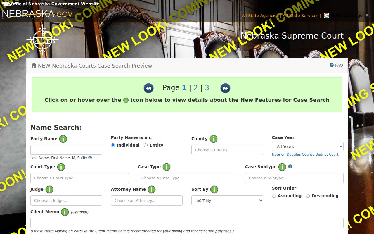 JUSTICE search fields for Saunders County court records