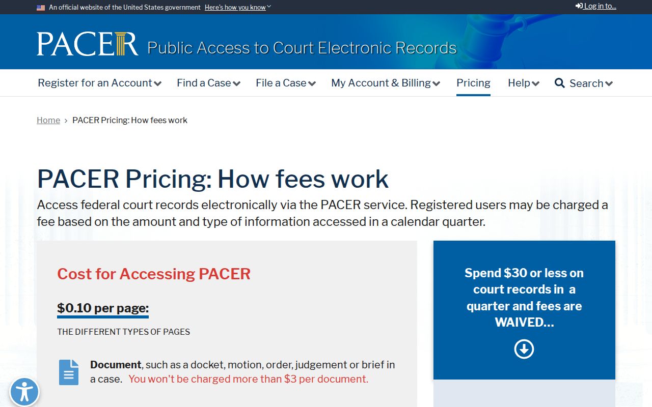 PACER fee information for federal warrant record access